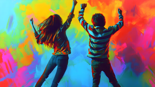 dos ni&ntilde;os bailando y en movimiento disfrutando de la musica relajados y viviendo el momento expresiones artisticas y diversion con vitalidad sobre un fondo pintado de colores brillantes 