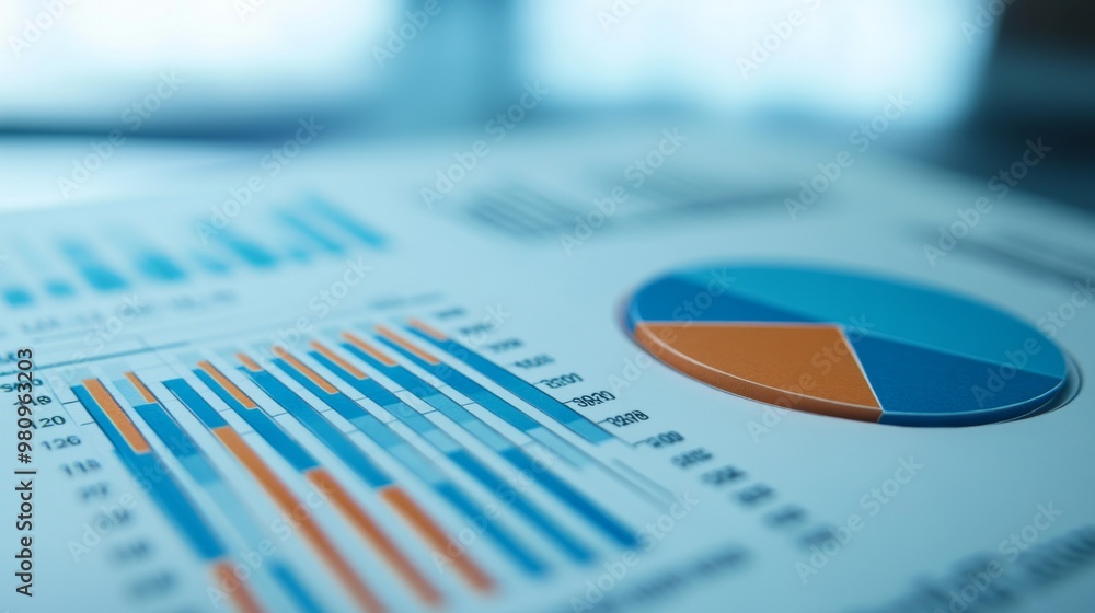 Poster a detailed close-up of a pie chart and line graph combination on a printed report, emphasizing busin