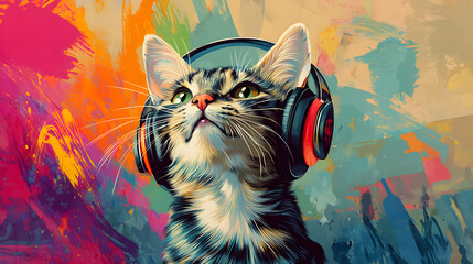 un gato concentrado y relajado escuchando musica con sus audifonos auriculares fondo surrealista y entretenido divertido colorido