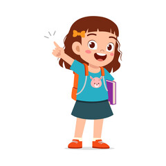 little kid showing pointing hand gesture and wearing backpack