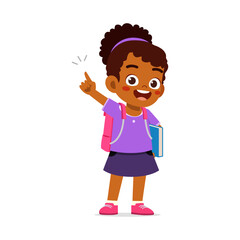 little kid showing pointing hand gesture and wearing backpack