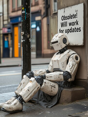 Homeless Humanoid Robot, Sitting on the Side of the Road, Forgotten and Outdated Technology