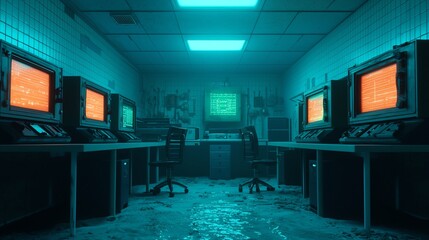 Abandoned tech room with glowing screens and wires, evoking a mysterious atmosphere and nostalgia for retro technology.