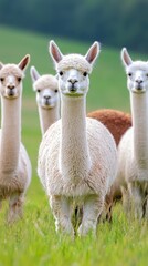 Fototapeta premium A herd of alpacas grazing in the sunlight, with one alpaca stepping forward to look into the camera, surrounded by vibrant, lush greenery.