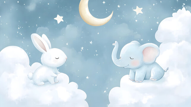 un fondo infantil con estrellas y luna sobre las nubes un conejo y un elefante bebe fondo tierno y adorable para cuadro decorativo o invitacion digital o tarjeta