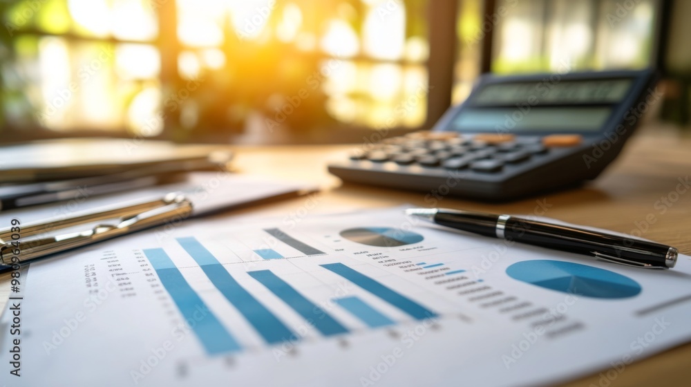 Poster a detailed view of a financial report featuring a bar chart with revenue and expense data, placed on