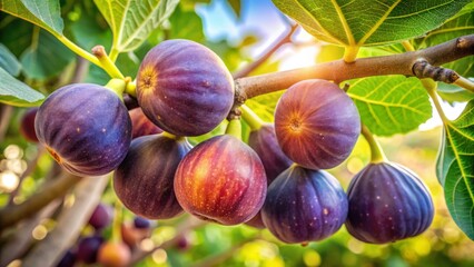 Ripe purple figs dangle from a Spanish orchard tree, glistening in the warm sunlight, their sweet aroma wafting