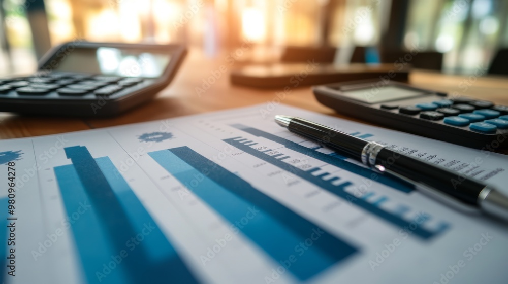 Poster a detailed view of a financial report featuring a bar chart with revenue and expense data, placed on