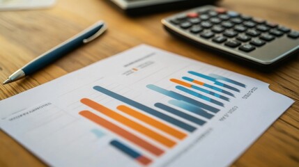 A detailed view of a financial report featuring a bar chart with revenue and expense data, placed on a desk with a calculator and pen for in-depth analysis.