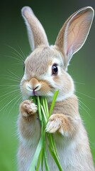 Fototapeta premium A close-up of a rabbit peacefully eating grass, its ears perked up and alert, reflecting the quiet joy of life in the countryside.