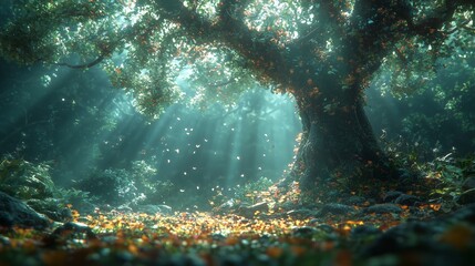 Obraz premium Enchanted Forest with Rays of Light Through Trees