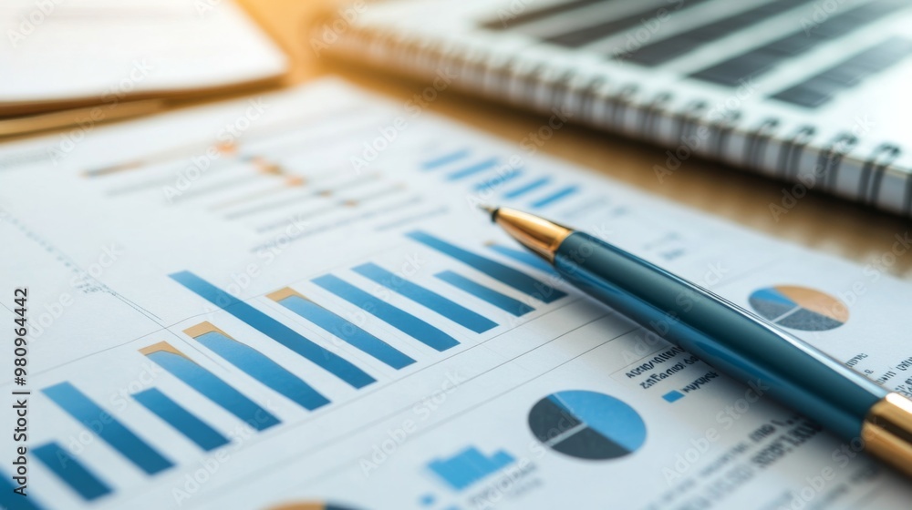 Leinwandbilder A detailed view of a financial report with bar charts and graphs, showing revenue and expense data, laid out on a desk with a pen and notebook.