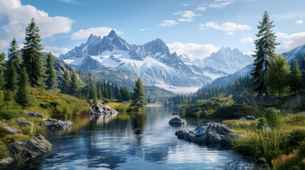 Fototapeta premium Stunning mountain landscape featuring a clear river, pine trees, and snow-capped peaks under a bright blue sky.