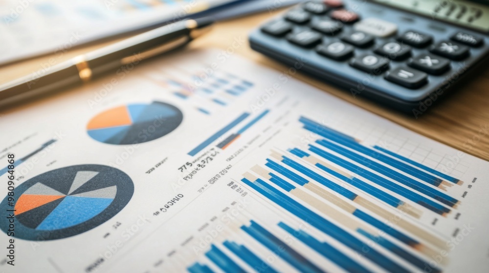 Poster a detailed view of a financial report with various graphs and charts, including line, bar, and pie c