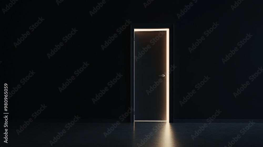 Poster an abstract rendering of a white door in a dark room with bright white light emanating from its open