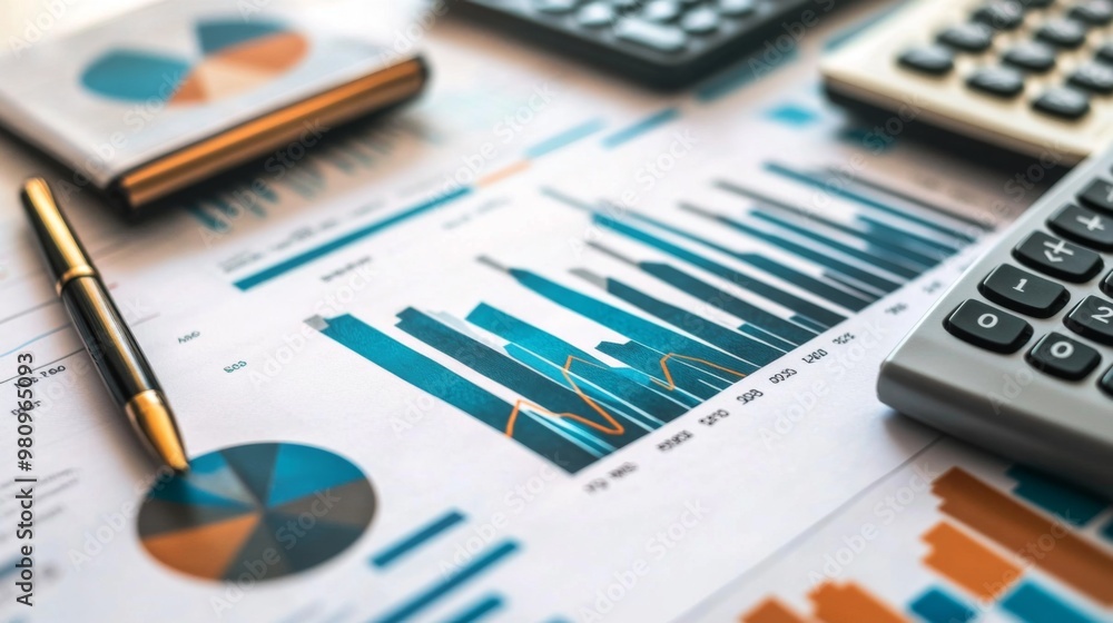 Poster a detailed view of a financial report with various graphs and charts, including line, bar, and pie c