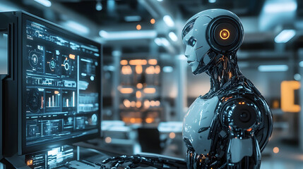 Fototapeta premium An AI robot is analyzing data in a futuristic control center with advanced robotics