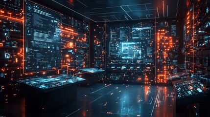 Futuristic Digital Control Room with Neon Lights