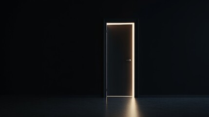 An abstract rendering of a white door in a dark room with bright white light emanating from its opening. Dark concrete interior with bright white light.