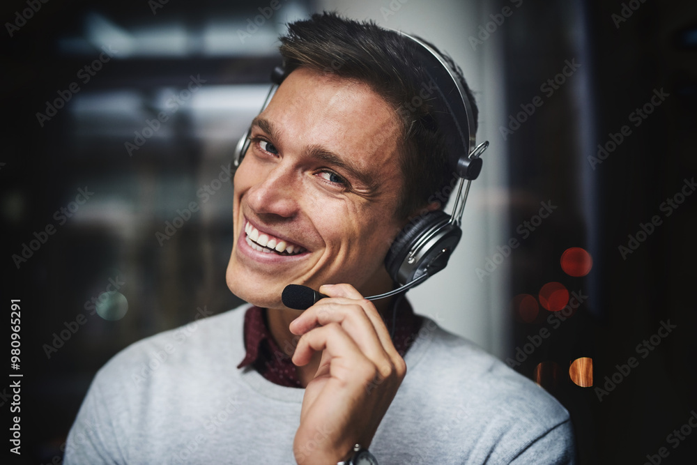 Wall mural Man, call center and happy in portrait at night in office, microphone and pride for telemarketing career. Person, agent and virtual consultant with voip headset, smile and customer service in Mexico