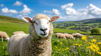 Obraz premium A flock of sheep happily grazing in a sun-drenched field, with one sheep pausing to look directly into the lens, framed by green hills and wildflowers.