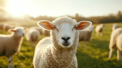Fototapeta premium A flock of sheep scattered in a sunlit pasture, with one sheep looking directly at the camera, symbolizing the peaceful joy of a warm countryside day.