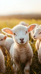 Obraz premium A flock of young lambs playing in a lush meadow, with one lamb looking directly at the camera, its fur glistening under the warm sunlight.