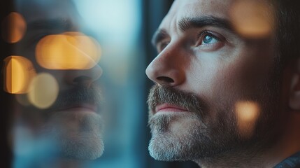 Man reflecting on window with city lights