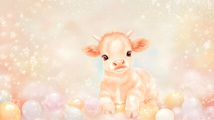 dise&ntilde;o de invitacion tierna y creativa para baby shower o fiesta de cumplea&ntilde;os infantil con pelotas decorativas y una vaca bebe tierna sobre un fondo en color pastel claro