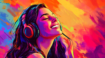 Naklejka premium una pintura de una mujer escuchando musica con audifonos auriculares disfrutando de un buen pasatiempo y de escuchar buena musica sobre un fondo colorido