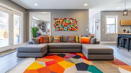 A family living room with a sectional sofa, a playful area rug, and colorful wall art, showcasing a welcoming and fun environment for both kids and adults.