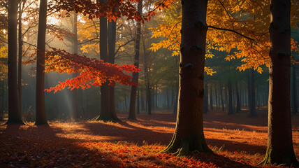 The warm glow of the setting sun filters through the vibrant red, orange, and yellow leaves of an autumn forest. The long shadows and the colorful foliage create a magical atmosphere, 