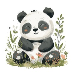 Smiling Cute Panda Among Flowers - Adorable Wildlife Illustration