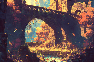 Anime style, Ancient stone circle in the countryside, surrounded by rolling hills covered in autumn foliage under a dramatic sunset sky