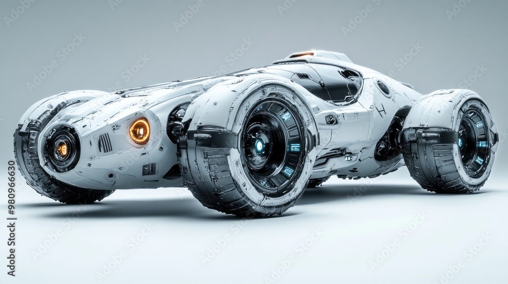 Poster futuristic vehicle design with sleek lines and advanced features.