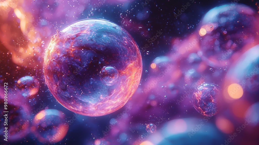 Poster colorful abstract view of floating bubbles in space