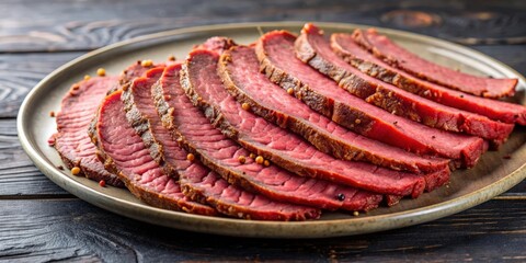 Slices of delicious beef pastrami arranged on a plate , gourmet, cured meat, deli, savory, smoked, charcuterie, appetizer