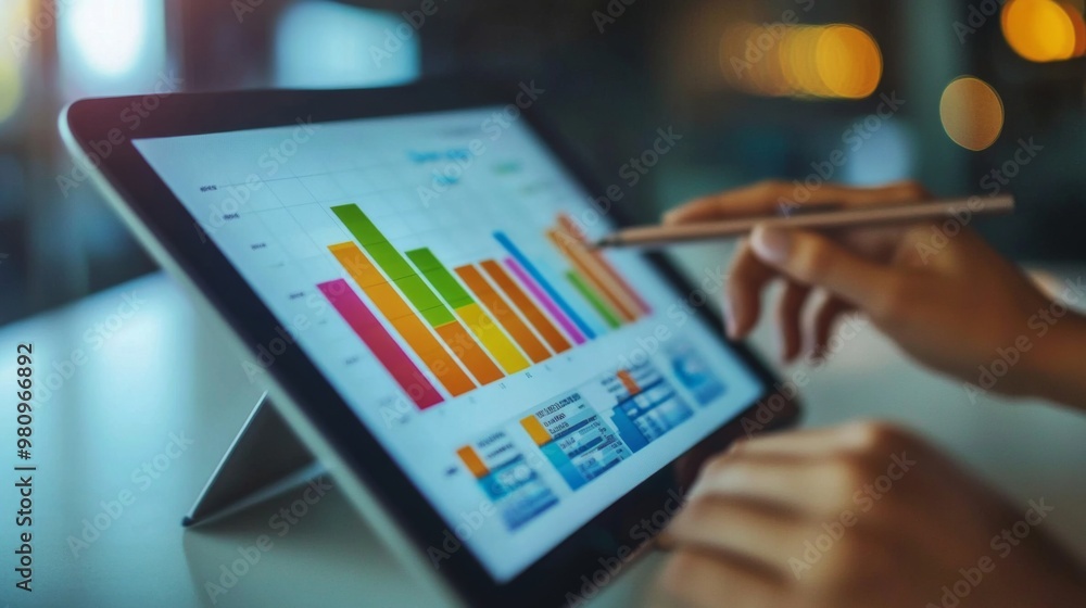 Leinwandbilder a financial analyst reviewing a bar chart report with colorful graphs and data projections on a tabl