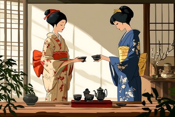 Two Women in Traditional Japanese Kimonos Performing a Tea Ceremony.