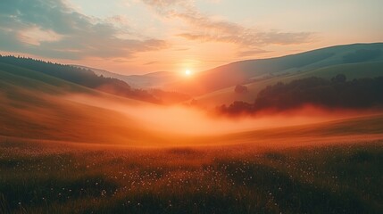Obraz premium Serene Sunrise over Misty Hills and Valleys