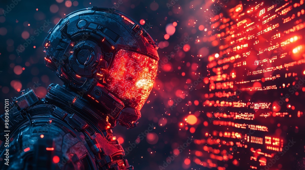 Poster futuristic robot with digital display in dark environment