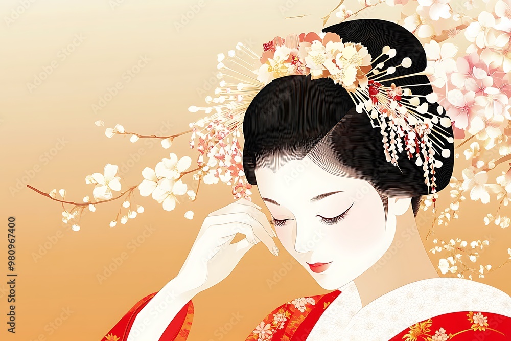 Poster Japanese Woman in Traditional Kimono with Cherry Blossoms.