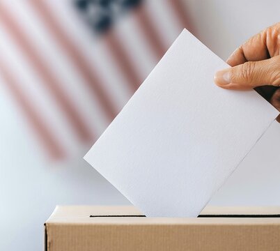 Close-up of a poll worker placing a ballot into a secure box, election integrity, vote counting