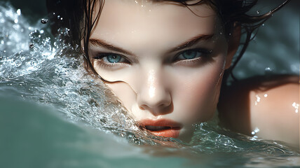 portrait beautiful girl swimming at scenic waterfall wallpaper