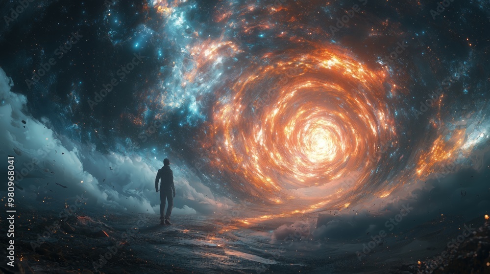 Poster cosmic portal with figure in surreal space environment
