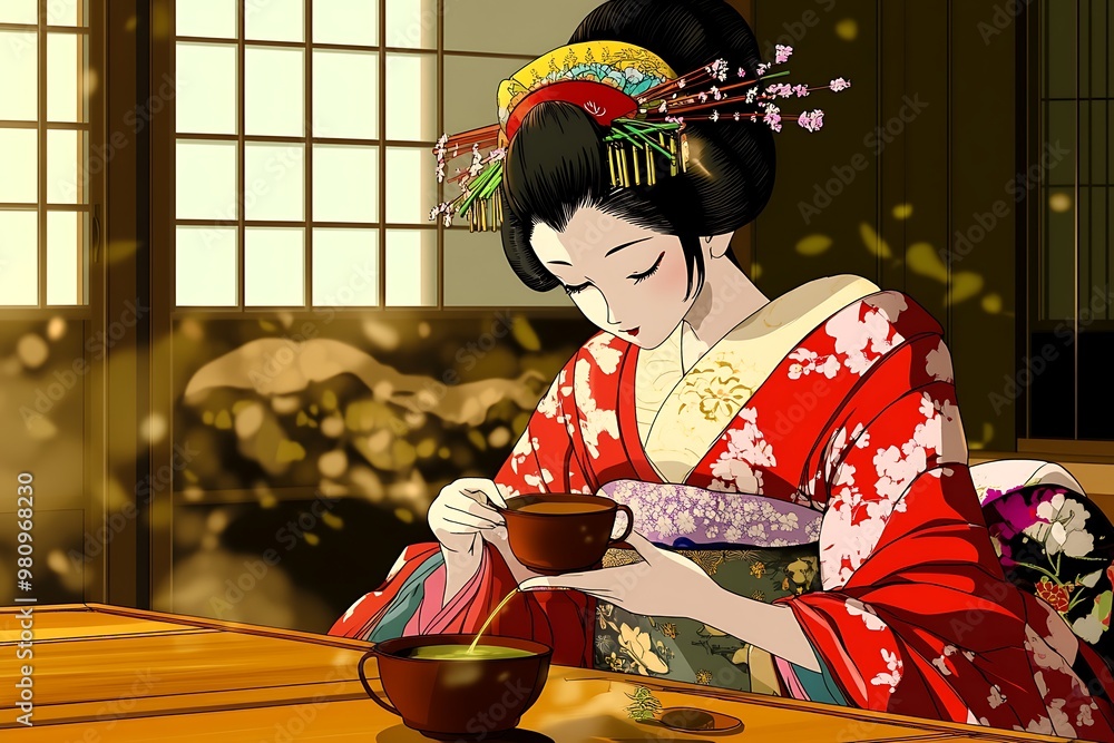 Wall mural Geisha Pouring Tea in a Traditional Japanese Setting.