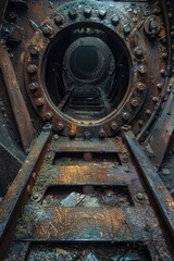 The image captures a detailed view of the interior of an old, decrepit industrial piping system, leading into multiple rusty, circular openings, showcasing layers of corrosion and decay