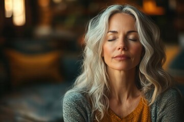 Obraz premium serene middleaged woman in lotus position eyes closed in deep meditation bathed in soft natural light minimalist living room with zen elements