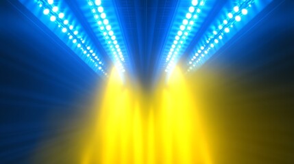 A vibrant display of blue and yellow stage lights creating an energetic atmosphere.