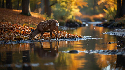 A deer drinks from a crystal-clear stream, with fallen autumn leaves floating on the water. 